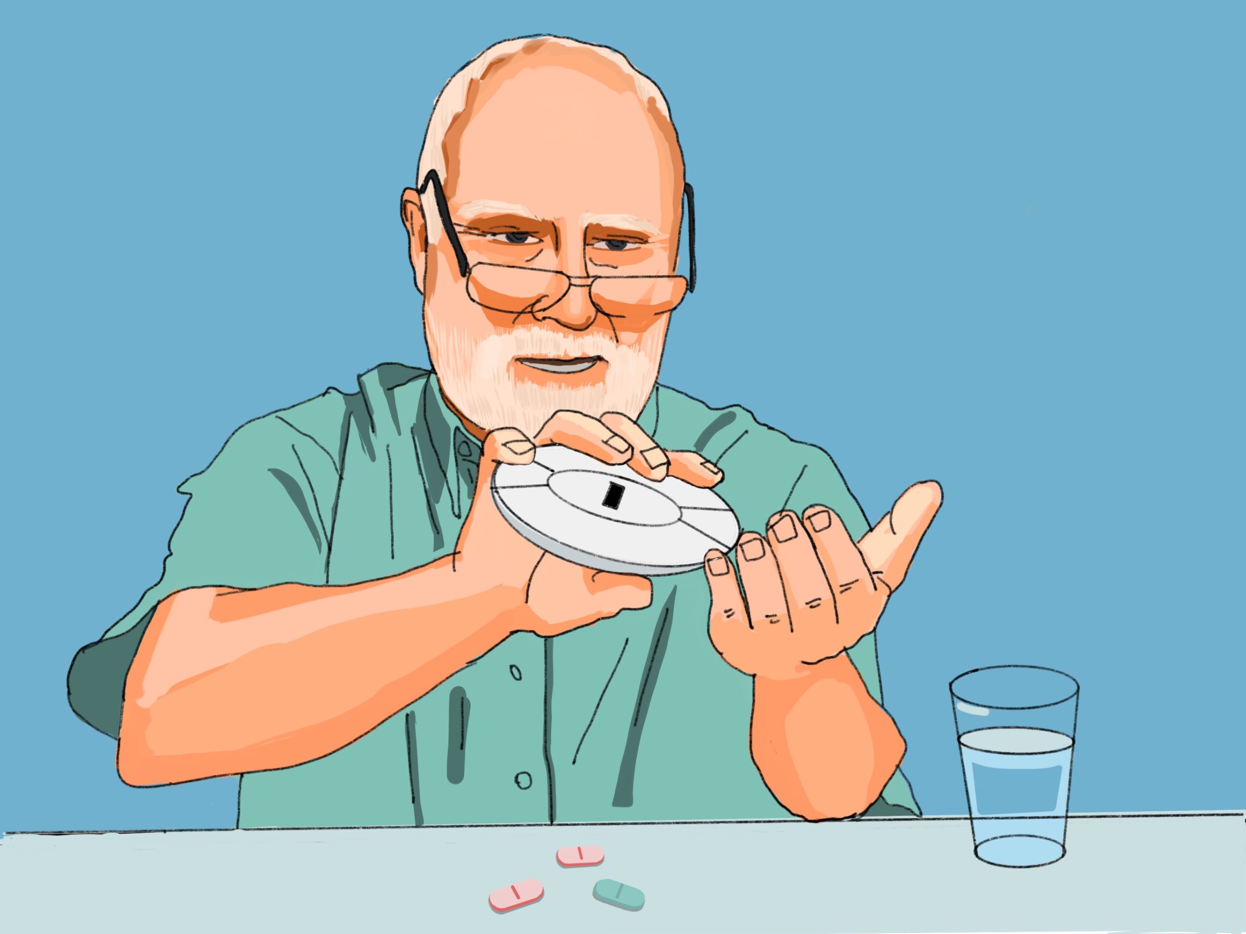 Illustration Älterer Mann mit Tablettenbox