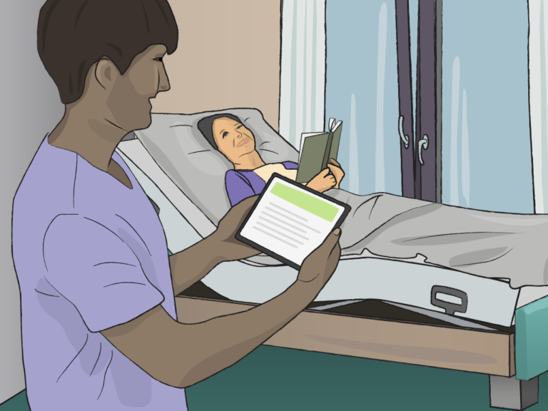 Illustration Pfleger mit Tablett am Pflegebett