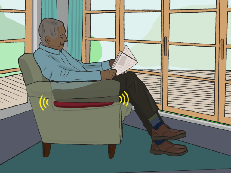 Illustration älterer Herr auf Sessel mit smartem Sitzkissen