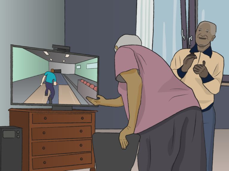 Illustration zweier Älterer beim virtuellen Kegeln vor einem Bildschirm