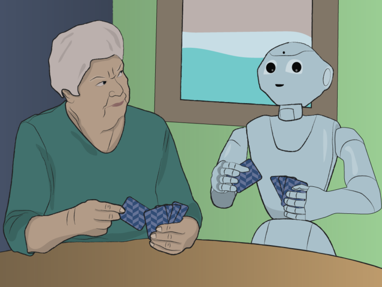 Illustration ältere Frau Kartenspielend mit Roboter