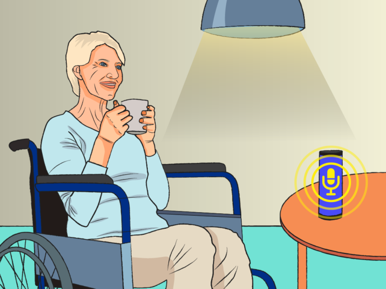 Illustration altere Frau mit Sprachassistent